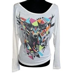 The Classic Cowgirl Long Sleeve Steer Long Horn Cow Head Bling Shirt Size M